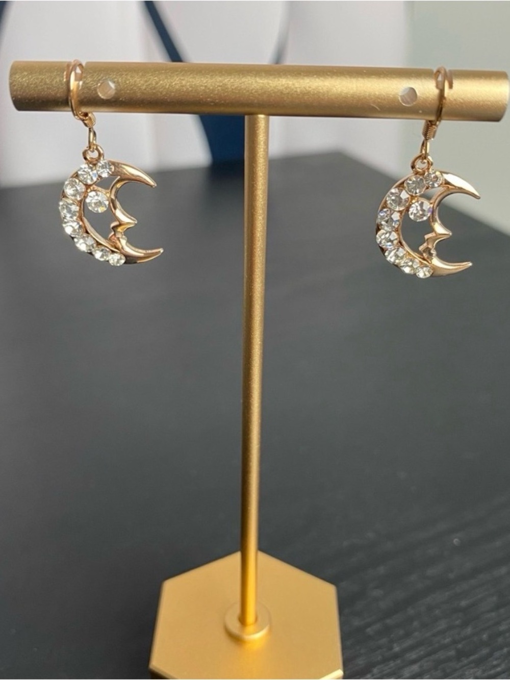 Gold Crescent Moon Crystal Drop Earrings - Women Jewelry